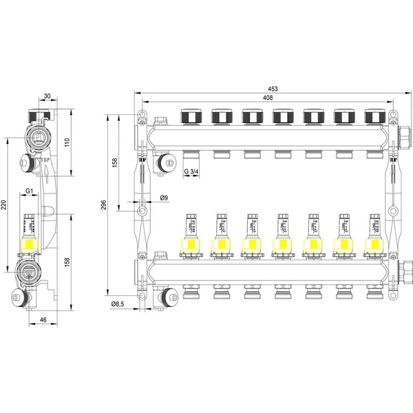 коллектор для теплого пола tece 1 вр(г) х 7 выходов 3/4 нр(ш) ек х 1 вр(г) с расходомерами, 77310007 коллектор для теплого пола tece 1 вр(г) х 7 выходов 3/4 нр(ш) ек х 1 вр(г) с расходомерами, 77310007