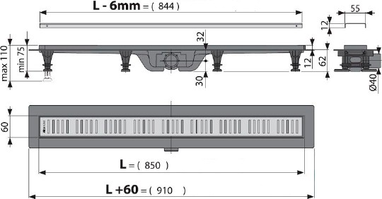душевой лоток alcaplast apz10-simple 850 с решеткой и опорами