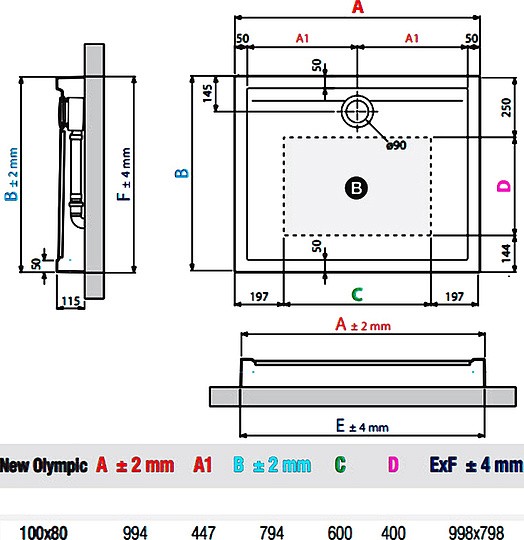 душевой поддон novellini new olympic 100×80 см высокий