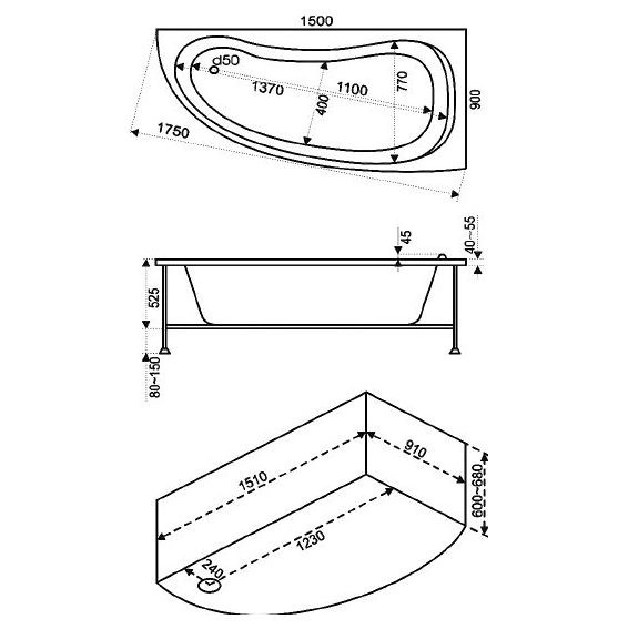 акриловая ванна bas алегра 150x90 r без гидромассажа