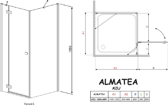 душевой уголок radaway almatea kdj 120 l×90 прозрачное