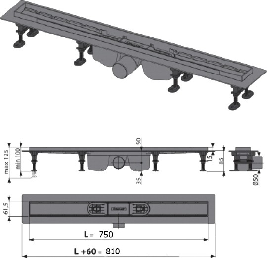 душевой лоток alcaplast optima apz12-750 с опорами