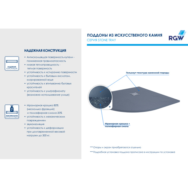 душевой поддон из искусственного камня rgw stone tray st/al-g 100×100 16153100-02 графит
