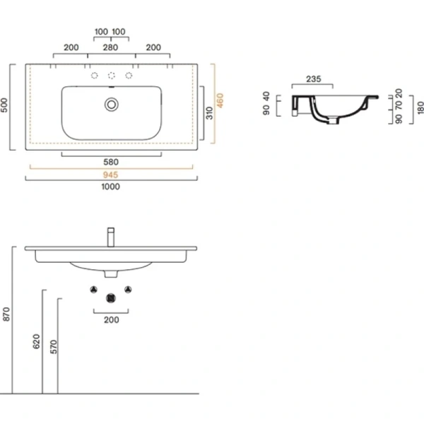 раковина catalano italy 0721010001 100x50 см, накладная, подвесная, белый глянец