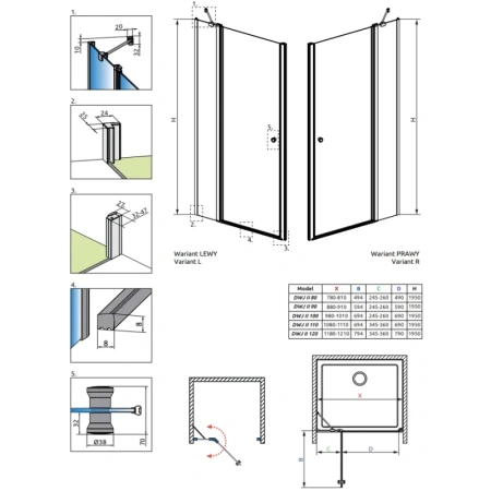 душевая дверь radaway eos dwj ii 110 left 13799443-01l прозрачное