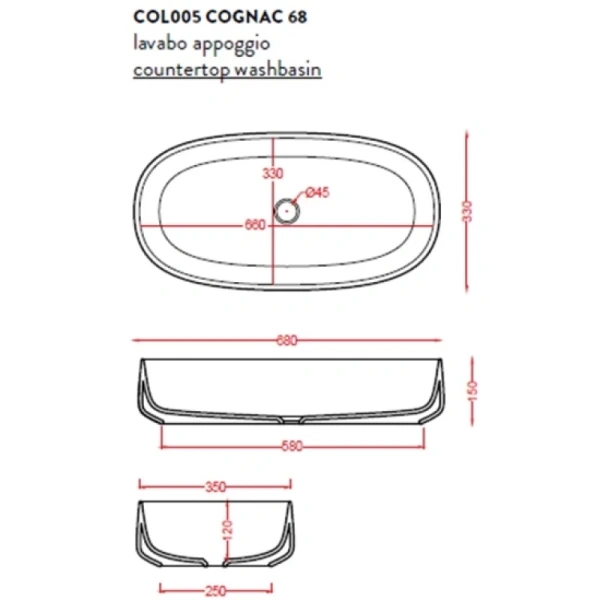 раковина artceram cognac quadro col005 19 00 накладная, без отв., без перелива, на столешницу, saniglaze, 68х35хh15 см, ombra bruciata (коричневый)