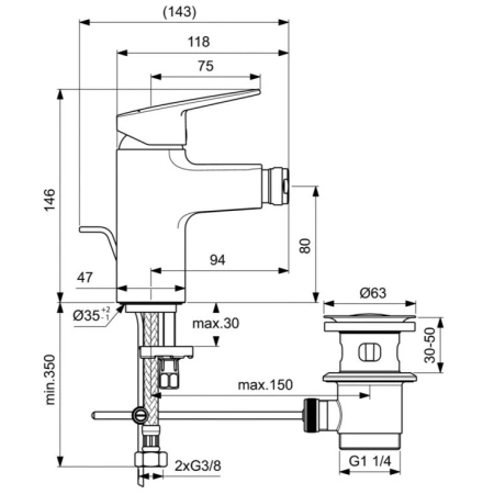 смеситель ideal standard ceraplan bd278aa для биде, с донным клапаном, хром