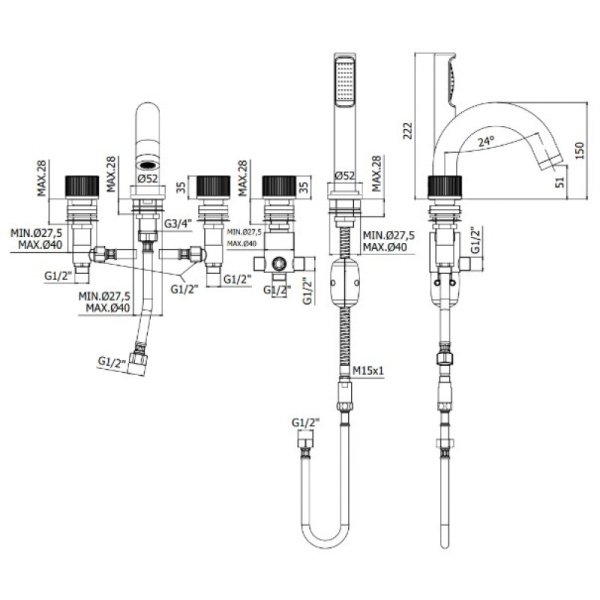 смеситель paffoni jo jo044cr на борт ванны, на 5 отверстий, с душем, хром глянцевый