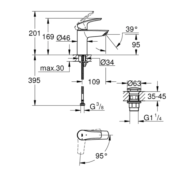 смеситель для раковины с донным клапаном coolstart grohe eurosmart 23924003