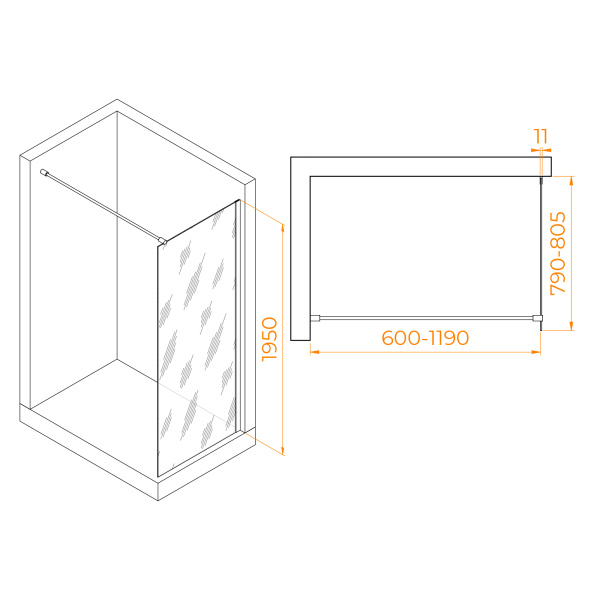 душевая перегородка rgw walk in wa-002g 80 35100208-16 профиль золото брашированное, стекло прозрачное