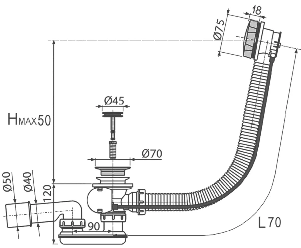 слив-перелив для ванны aquanet 335450 52 мм, полуавтомат, хром, с сифоном