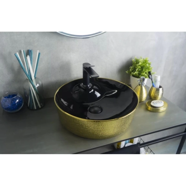 раковина в ванную накладная 43 см ceramalux d1306h022 черный, золото