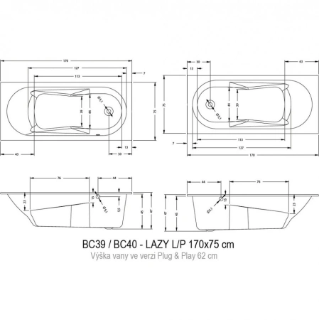 акриловая ванна riho lazy 170х75 l b080005005 (bd8000500000000) без гидромассажа