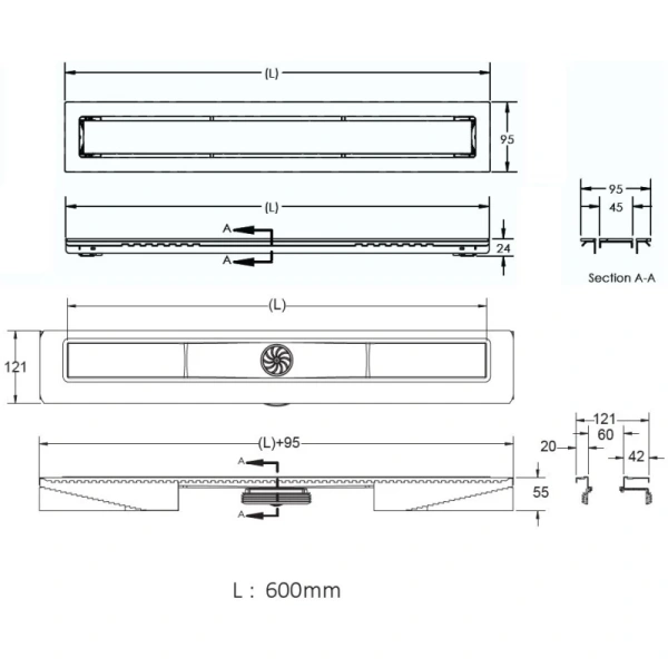 душевой трап (лоток) berges top stark 090149 60 см, с решеткой, щелевой, матовый хром