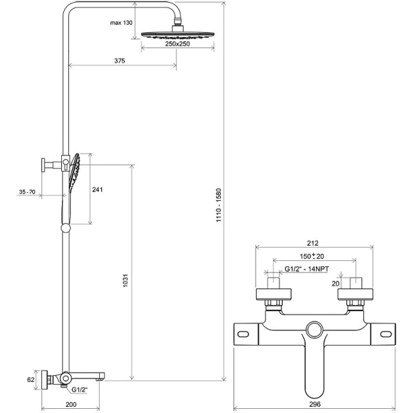 душевая система ravak termo 300 te 092.20bl x070444 с термостатом черная