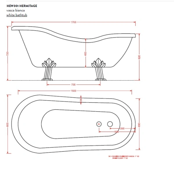 акриловая ванна artceram hermitage 170х80 см, hew001 72 ножки бронза