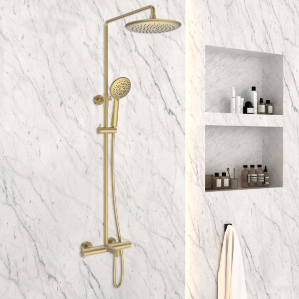 душевая система 250 мм vincea desire vsfs-1d1tbg с термостатом, цвет брашированное золото.