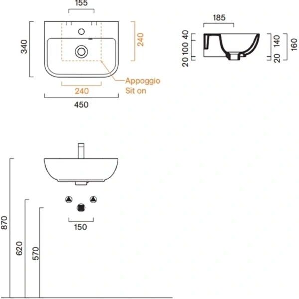раковина catalano italy 0720451001 45x34 см, подвесная, белый глянец