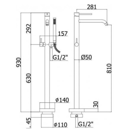 смеситель paffoni light lig032hgsp для ванны, напольный, с душевым гарнитуром, излив 28.4 см, h92 см, золотой матовый
