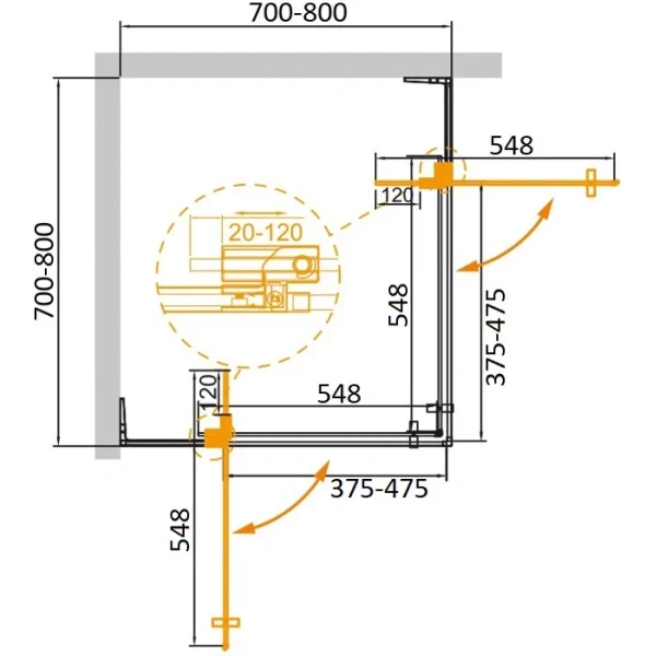 душевой уголок cezares slider slider-a-2-70/80-br-boro 70-80x70-80 см, профиль золотой матовый, стекло бронза