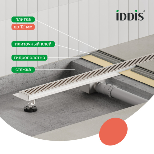 лоток душевой iddis 975a5sb10dz комбинированный затвор, перфорированная решетка, 500 мм, хром