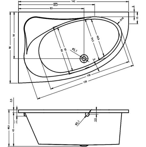 акриловая ванна riho lyra 140x90 b019001005 (ba6500500000000) r без гидромассажа