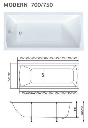 акриловая ванна marka one modern 160х70, 01мод1670 без гидромассажа