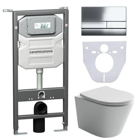 Сет 4 в 1: Подвесной унитаз Balearica Rimless арт. CN6000 + Шумоизоляционная панель для инсталляции арт. CN1000 + Инсталляция Ceramicanova Envision с кнопкой смыва Flat цвет хром, креплениями, арт. CN1002CH