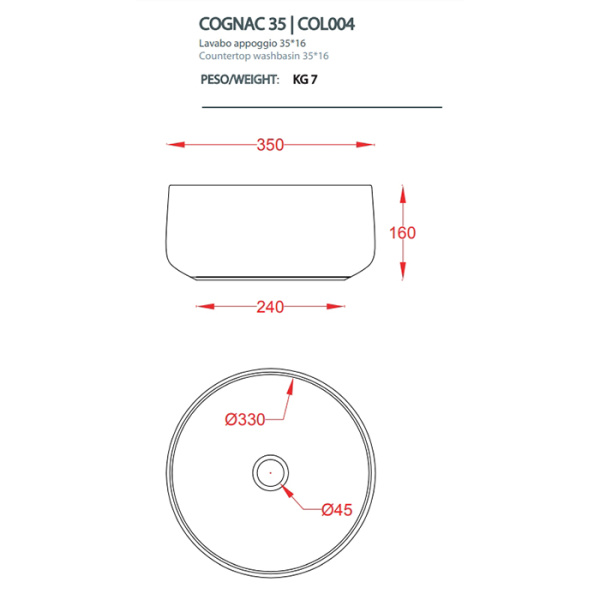 раковина artceram cognac col004 61 34 накладная, без отв., без перелива, на столешницу, saniglaze, ø35xh16 см, rose