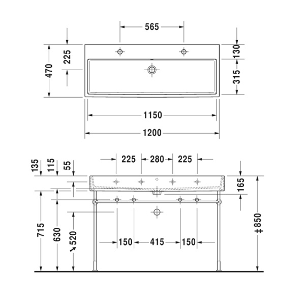 duravit vero air раковина 120 cm, с переливом, с площадкой, с 2 отв. под смеситель, на столешницу, белая