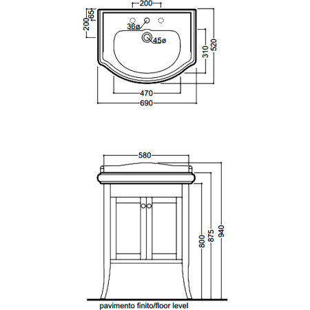 тумба под раковину kerasan retro 7351, 69см, с закругленым фасадом, цвет: noce (орех), ручки: керамика
