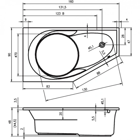 акриловая ванна riho yukon 160x90 b008001005 (ba3400500000000) r без гидромассажа