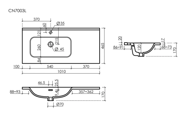 раковина накладная мебельная ceramicanova element прямоугольная 101 см с чашей слева с отверстием под смеситель цвет белый cn7003l