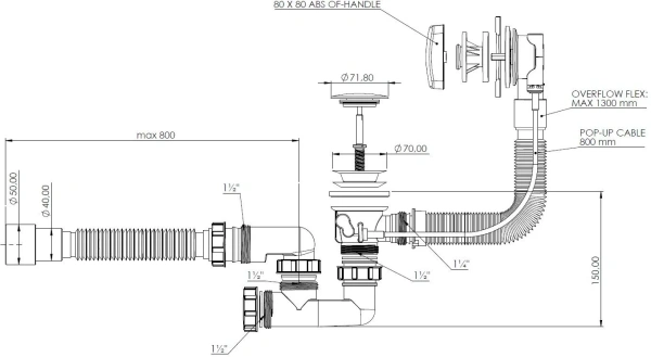 слив-перелив для ванны aquanet 339431 70 мм, полуавтомат, хром, с сифоном