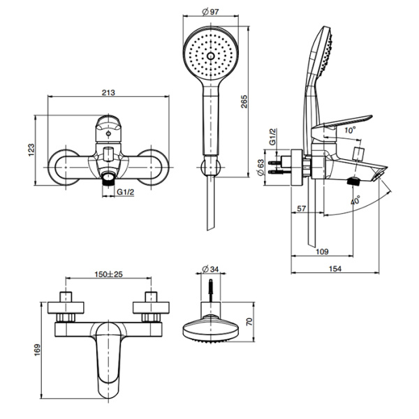 смеситель fima carlo frattini spot f3004ns для ванны, настенный, с ручным душем, чёрный матовый