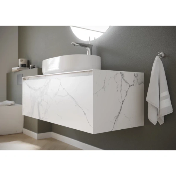 тумба под раковину sancos stone с одним выдвижным ящиком и столешницей из керамогранита 1200х400х495, statuario white, арт. st120sv