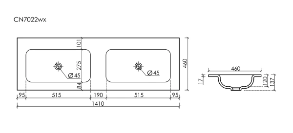 мебельная раковина ceramicanova grace прямоугольная 141см с двумя чашами без отверстий под смеситель черный матовый cn7022mbwx