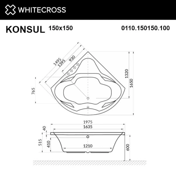 акриловая ванна whitecross konsul 150x150 0110.150150.100.ultra.wh цвет белый с гидромассажем форсунки белые