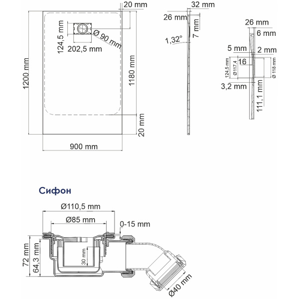 душевой поддон из стеклопластика wasserkraft elbe 120×90 74t07 черный матовый
