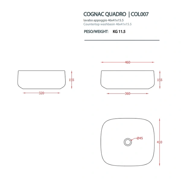 раковина artceram cognac quadro col007 03 00 накладная, без отв., без перелива, на столешницу, saniglaze, 46x41xh15.5 см, черный глянцевый