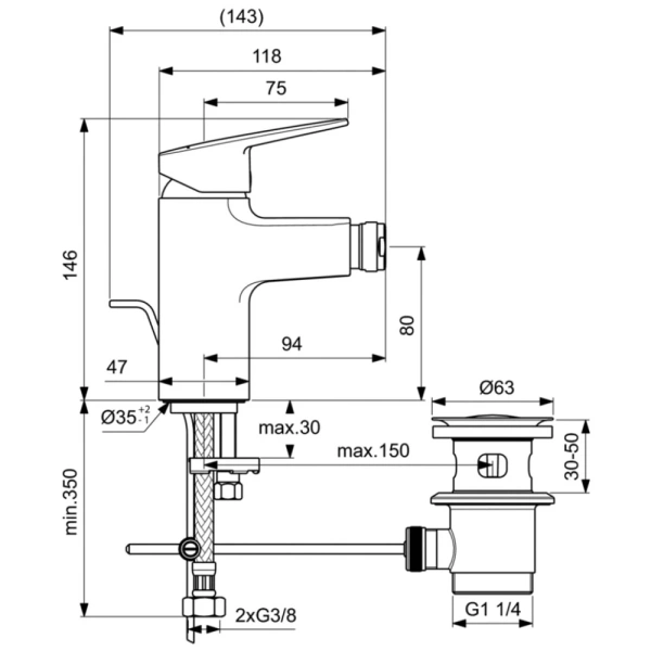 смеситель ideal standard ceraplan bd248xg для биде, с донным клапаном, черный матовый