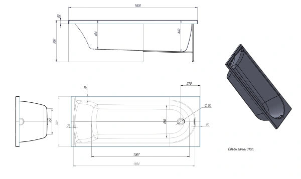 акриловая ванна timo mika 1800*700*580 mika1870