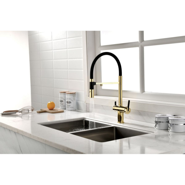 смеситель для кухни с подключением к фильтру paulmark gravity gr213188-g золото/ черный
