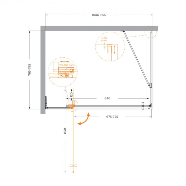 душевой уголок 80-90x99,5 см см cezares slider-ah-1-100-80/90-grigio-cr графитовое