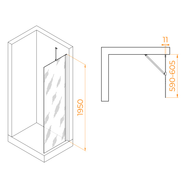 душевая перегородка rgw walk in wa-102b 60 351010206-14 профиль черный, стекло прозрачное