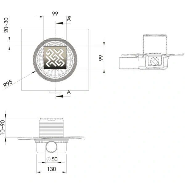 трап berges водосток напольный zentrum antik 100*100 нержавеющая сталь, золото глянец, s-сифон боковой