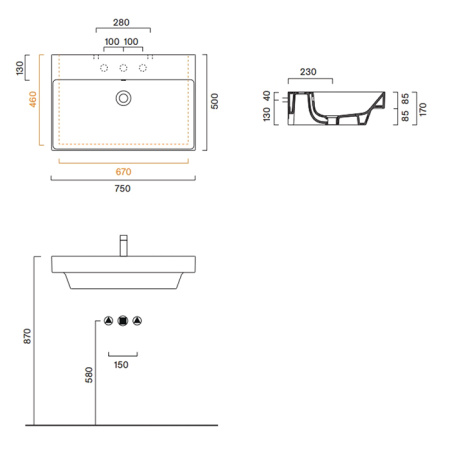 раковина catalano zero 75x50 см, с 1 отв., белый глянцевый