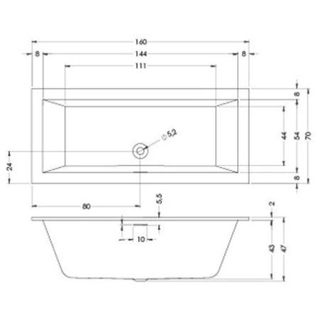 акриловая ванна riho rething cubic 160x70 см, заполнение через перелив, белая, br06c0500000000