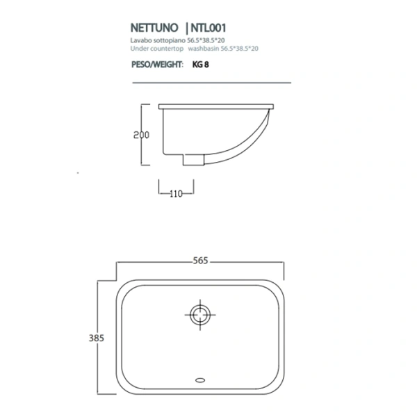 раковина встраиваемая 56 см artceram nettuno ntl001 01;00 56x38 см, белая