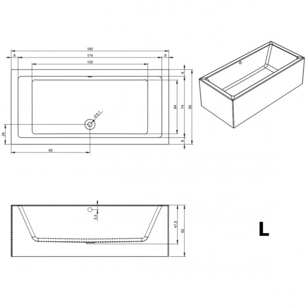 акриловая ванна riho lugo 190х90 l b136015005 (bd7000500000000) без гидромассажа